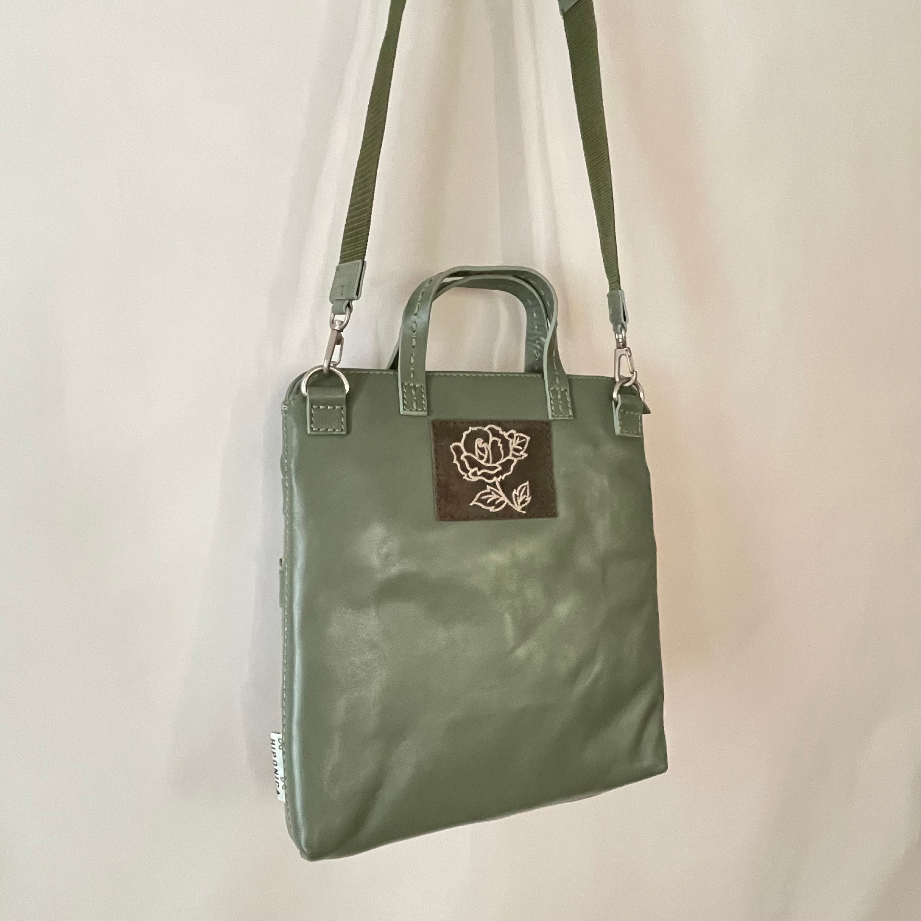 Premium Collection | Small Nylon x Leather Mix Cross-Body Shoulder Bag with Metal Zipper Pulls and Rose Embroidery | Sage